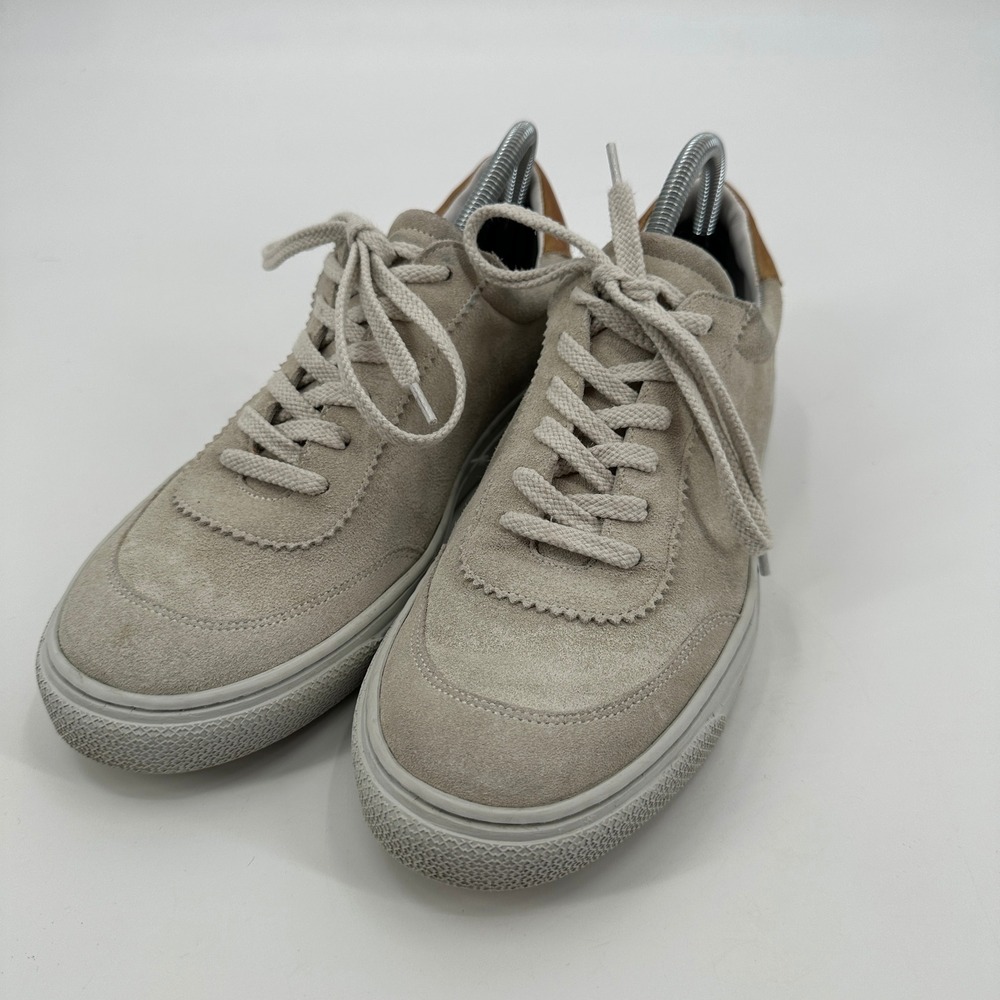 G.BROWN Mens Taupe Suede Low Top Sneakers Brown Leather Heel Tab Lace Up Shoes